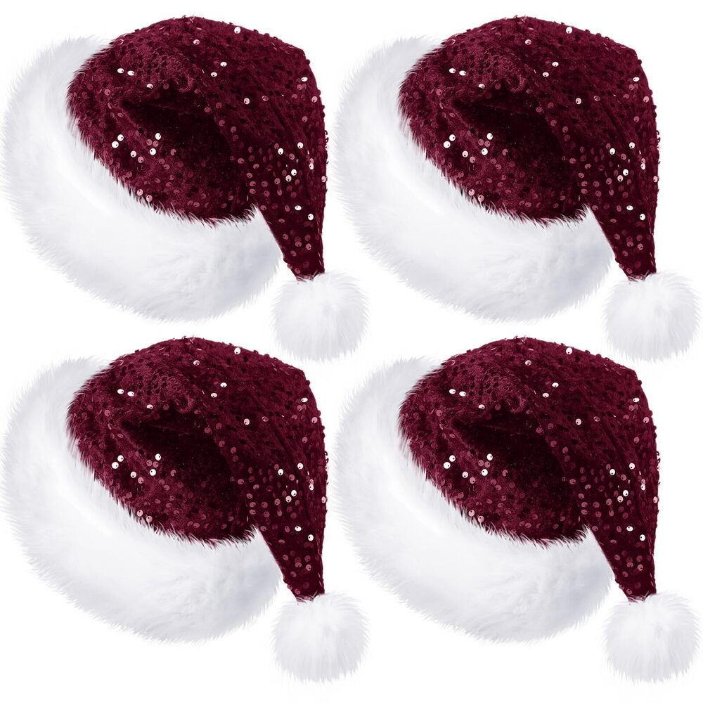 9577 4 Pcs Santa Hats Shiny Sequin Christmas Hat with Plush Brim Thicken
